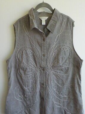 Christopher & Banks Blouse - X-Large Grey Sleeveless Button Up Embroidery (756)